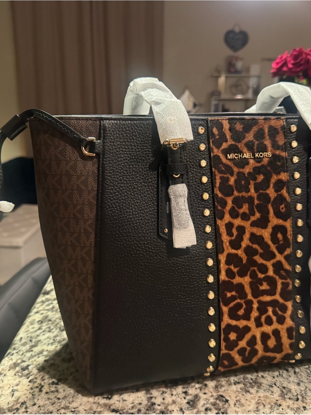 Michael Kors Black and Leopard-Print Studded Tote